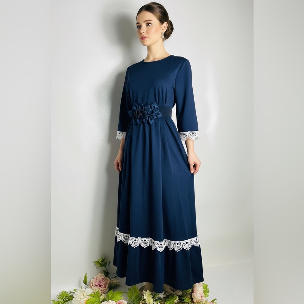 Source Unknown Navy Maxi Dress with White Lace Trim